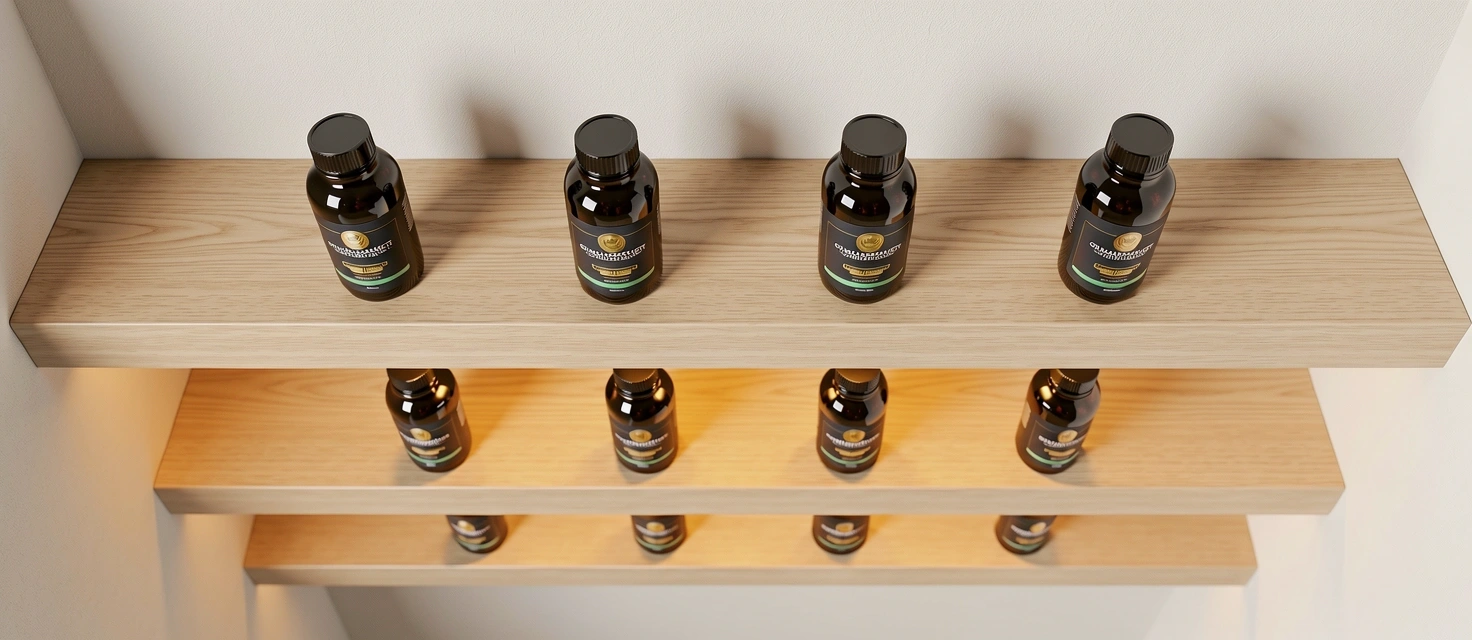 High quality supplement bottles on a wooden shelf
